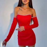 2022 diamond bodycon dress women off shoulder spring long sleeve mini backless party sexy dress hip beach skirts female clothing