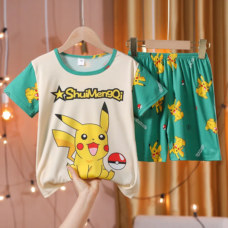 2022 Anime Pokemon Pikachu Summer Cartoon Kids Clothes Set Short Sleeve T-Shirt Shorts Clothing Toddler Girls Boys Pajamas Sets images - 6