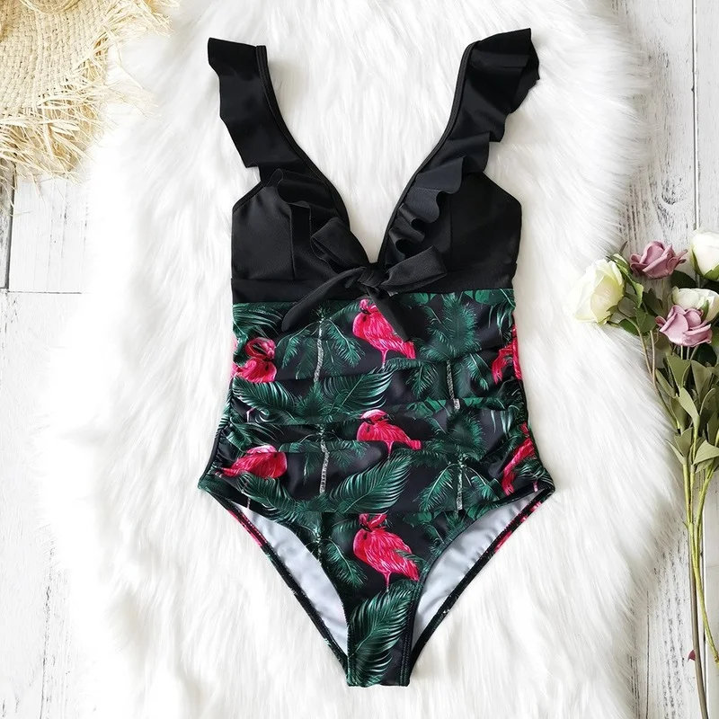 

Новинка 2020, пикантный слитный купальный костюм с оборками, одежда для плавания с открытыми плечами, женский купальный костюм с глубоким V-об...