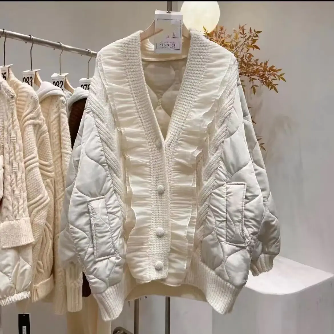 

Зимний женский кружевной свитер с V-образным вырезом, хлопковое пальто в стиле пэчворк