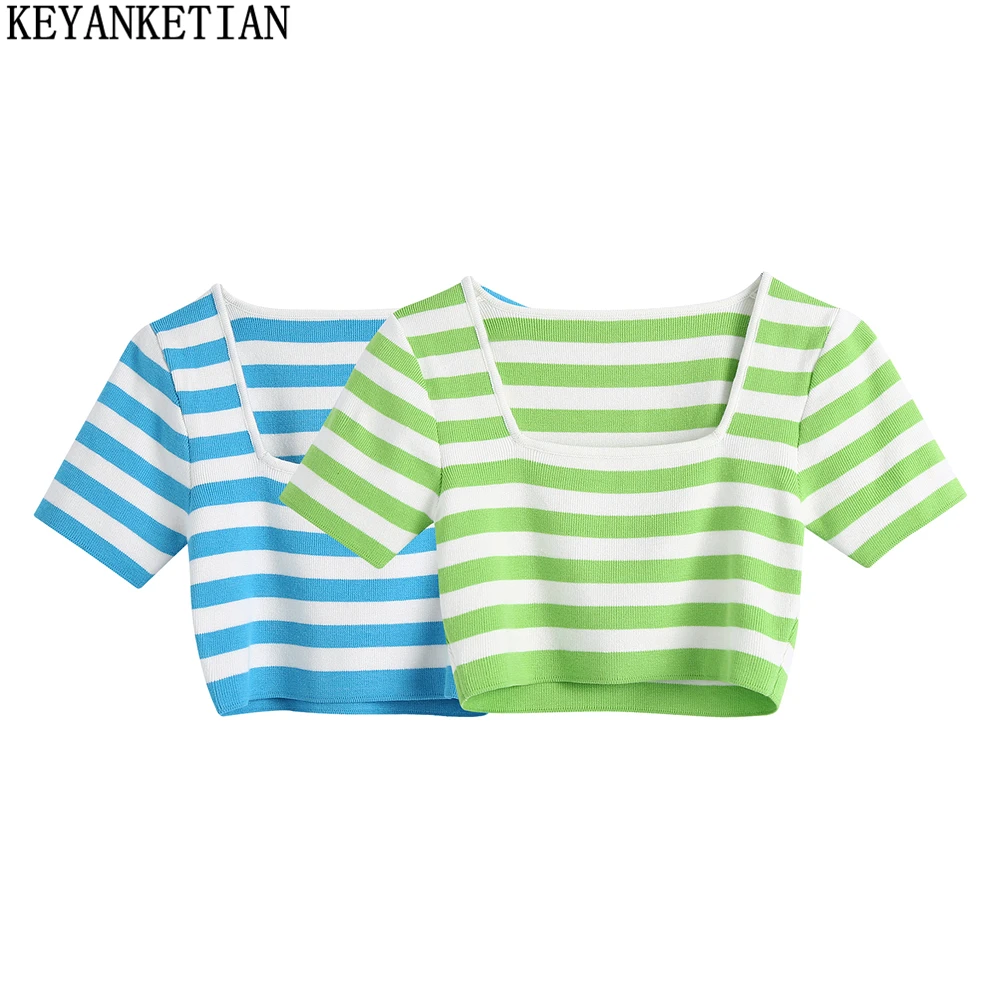 

KEYANKETIAN women's horizontal stripes color-blocking short-sleeved sweater summer new British style Mujer square neck tights