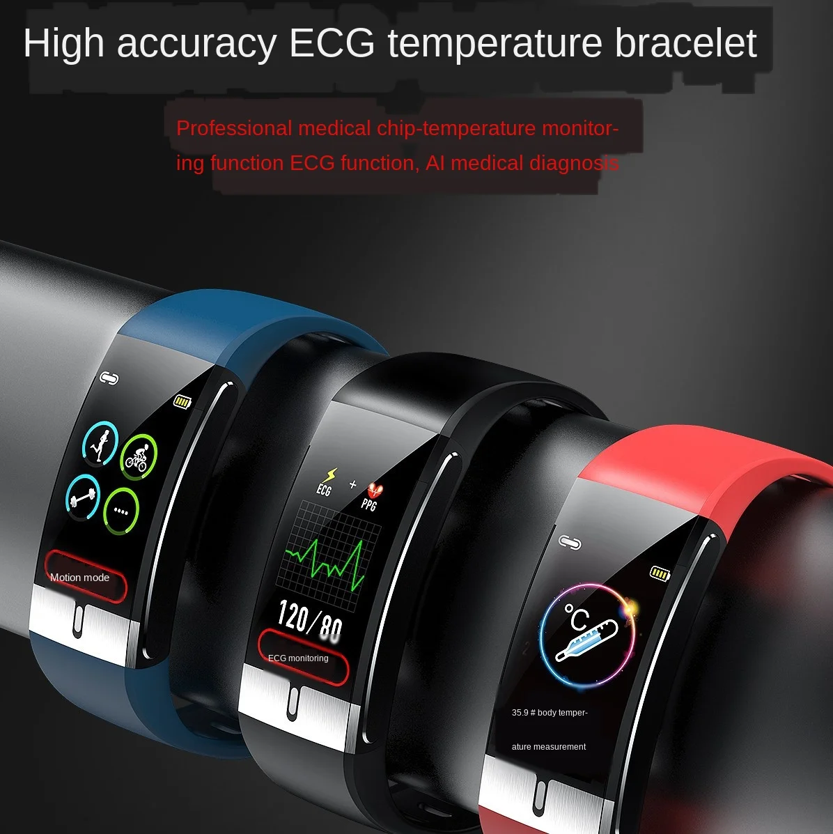 

E66 ECG PPG Smart Bracelet Body Temperature Monitor Sphygmomanometer Body Temperature Tracking Al Paso Medical Diagnostic Smart