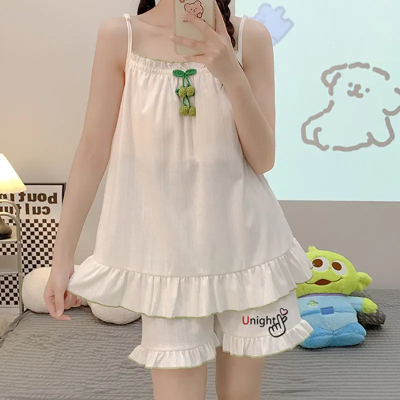Summer Women Pyjamas Cartoon Pajamas Set Cotton Sleepwear Nightwear Pijama Mujer Shorts Sleeveless M-6XL Large Size Home Clothes
