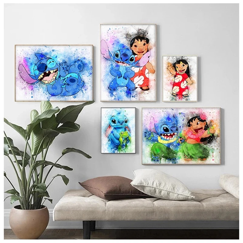 

Kids Room Cartoon Watercolor Canvas Painting Lilo and Stitch Anime Posters Wall Art Disney Hd Pictures Home Decor Modular Prints