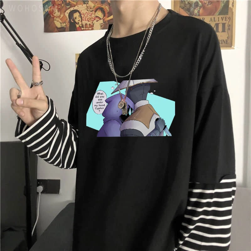 

Kawaii Cypher Omen Valorant Harajuku Game Anime Fake Two Pieces T Shirt Fashion Summer Casual Oversize Women Men Hip Hop T Shirt