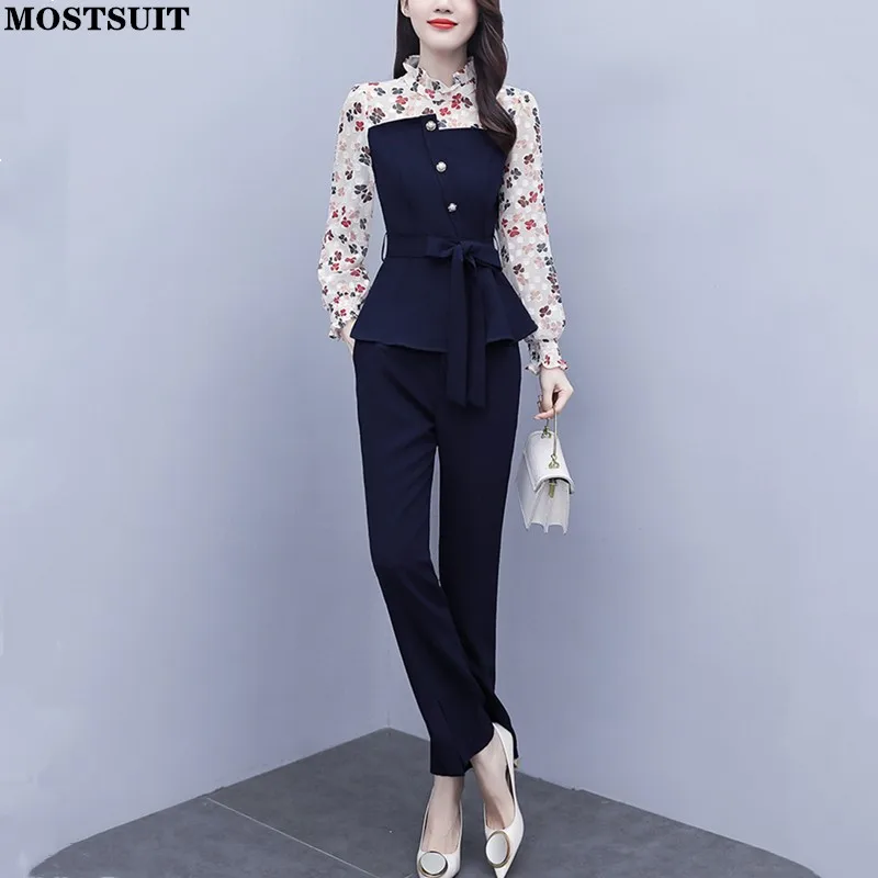 Workwear Elegant Pant Sets Women Printed Belted Tops & Split Flare Pants Spring Autumn Fashion Office Ladies Two Piece Pant Sets