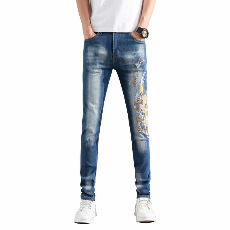 EH·MD® Wave and Dragon Embroidered Jeans Men's Red Ear Trend Slim Foot Elastic Youth Art Word Chinese Style Blue Trousers Loose