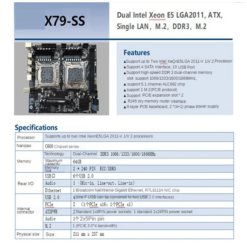 Двухканальная материнская плата компьютера двойной процессор LGA 2011 Pin