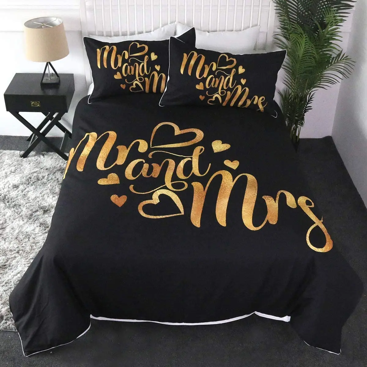 

Mr and Mrs Bedding Set Comforter Cover for Couples Black Love and Gold Duvet Cover Cute Bedspreads Romantic Valentines Gift Sets