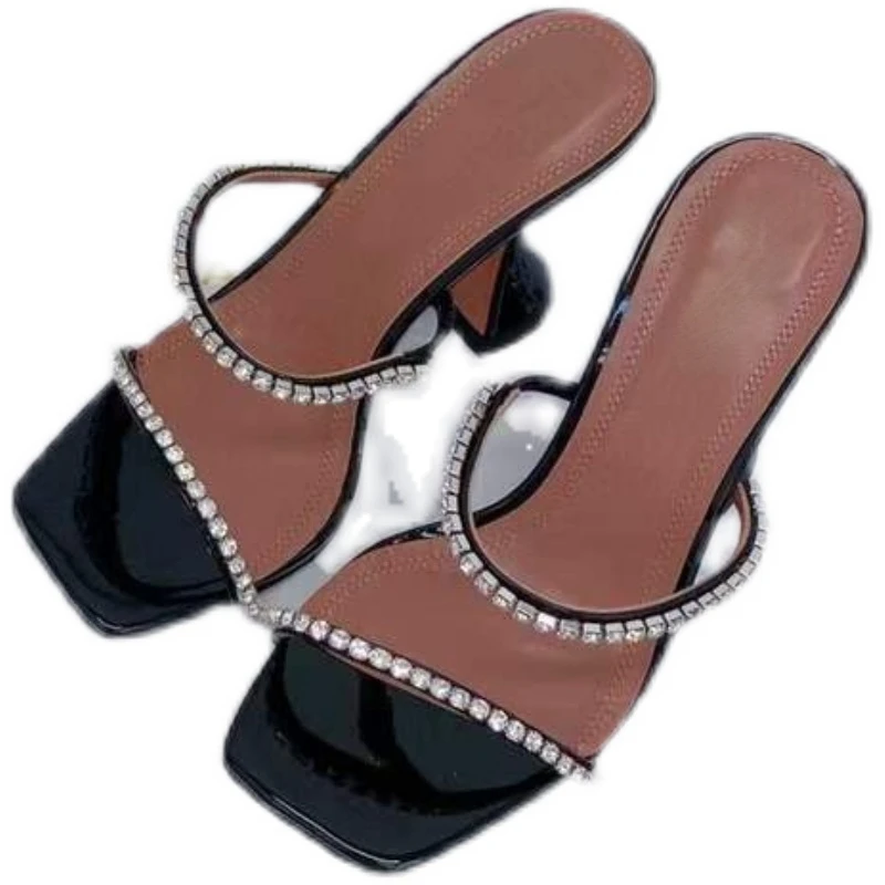 2023 Summer Fashion Square Head Open Toe Rhinestone with High Heel Sandals Wine Glass and Women's Slippers