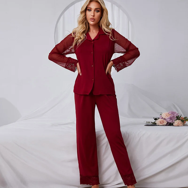 Women's Pajamas Net Yarn Lace Stitching Sleepwear Solid Color Long-sleeved Trouser Suit Comfortable Loose Home Clothes