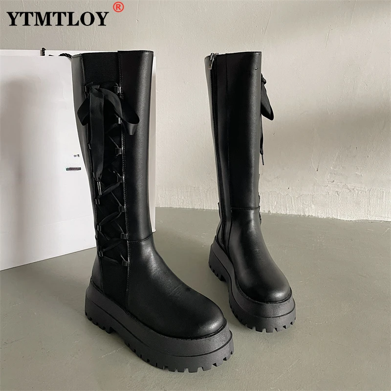 

Женские осенние ботинки до колена, Черные ботильоны из искусственной кожи на платформе, до колена, на высоком каблуке