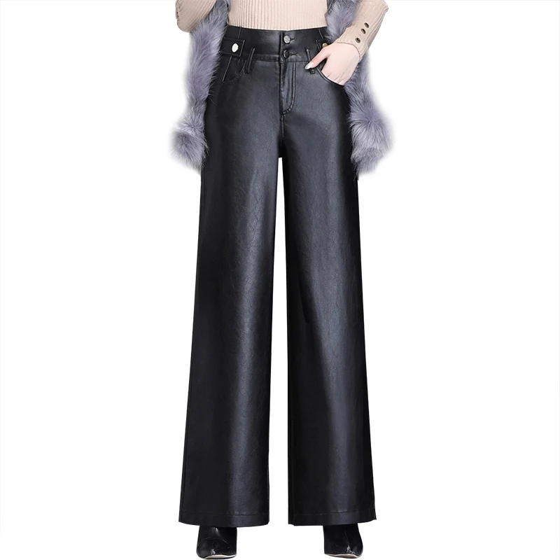 

PU Leather Wide Leg Pants Women Loose Casual Plus Size High Waist Pants Punk Gothic Black Trousers Winter Thick Warm Clothing