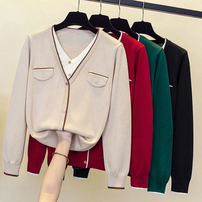 

Knitted Patchwork 2023 Warm Autumn Winter Women Sweater Pullover Button Beading Basic Ribbed fake two Sweaters Cotton Tops