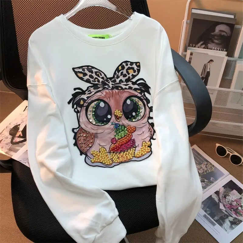 Женский свободный топ с круглым вырезом мультяшным принтом инкрустированный