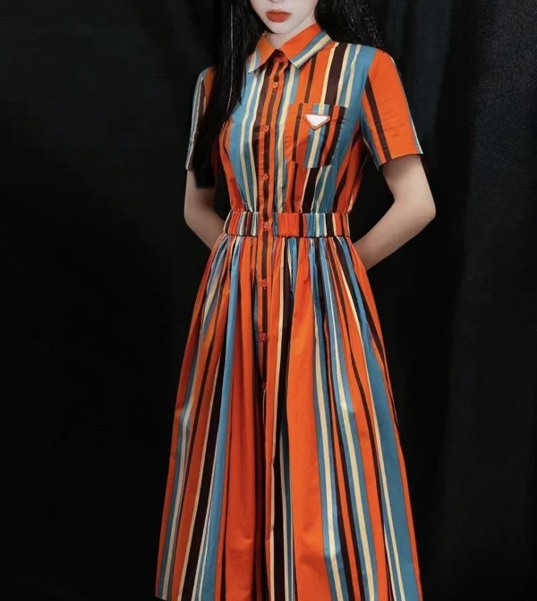 

2022 new women's fashion contrast color striped dress high-end quality dress