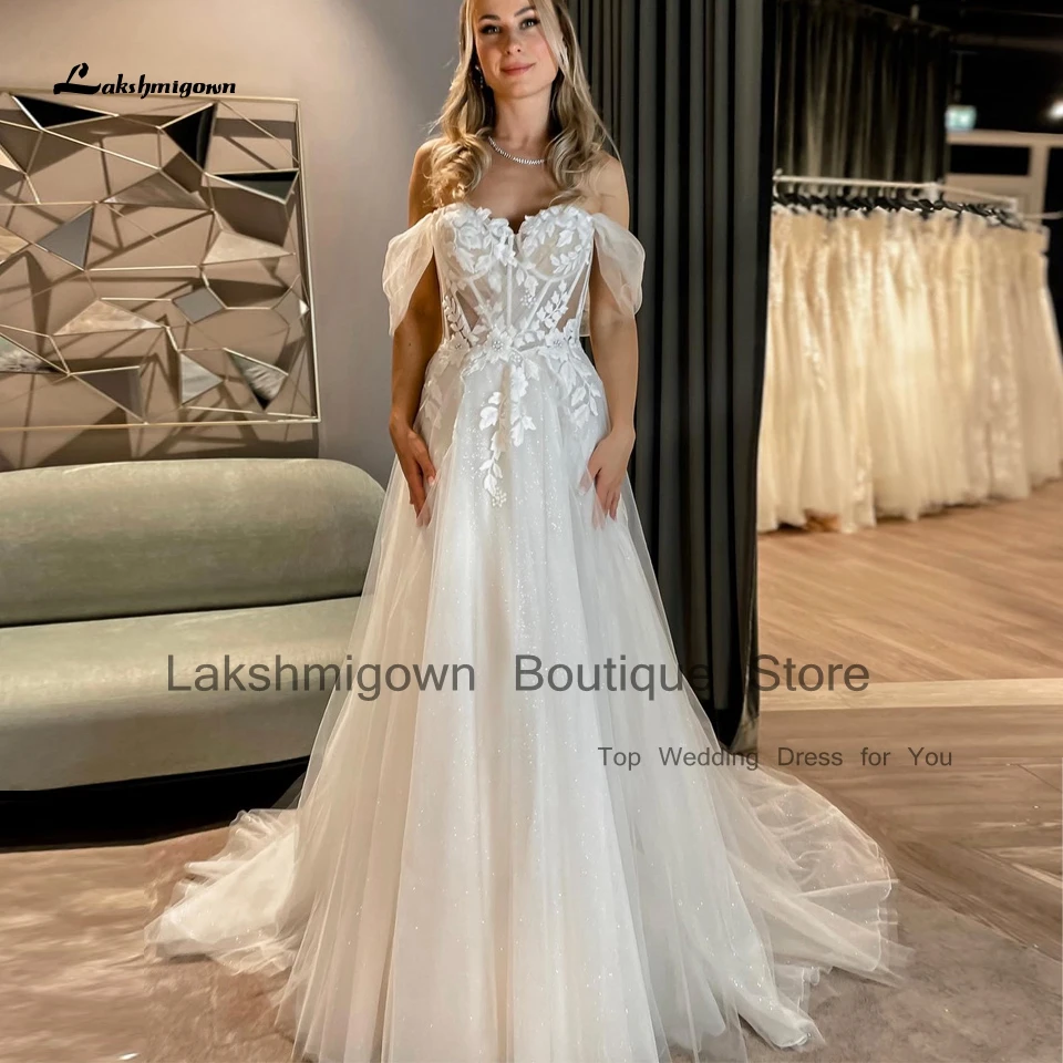 

Lakshmigown Sparkly Tulle Beach Boho Wedding Dresses Off the Shoulder 2023 Vestido Largo Lace Corset Bridal Wedding Gowns