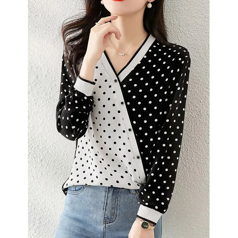 

Female Casual Polka Dot Fashion Asymmetrical Patchwork Printing Shirt Elegant V-Neck Button Chiffon Blouse Pullovers Lady Summer