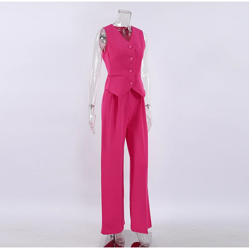 Loose Casual Fuchsia Waistcoat Trousers 2 Piece Set Sleeveless Vest Wide Leg Pants Women's Suit 2023 Temperament Commuting Sets