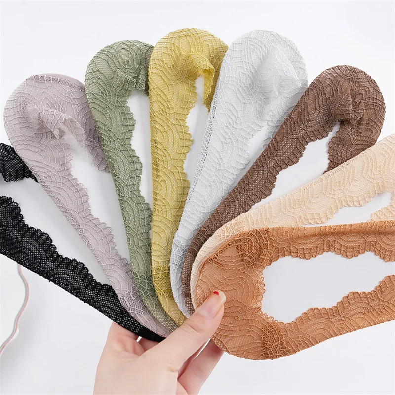 8 Pairs New Lace Chiffons Boat Summer Ultra-thin Mesh Invisible Socks Women's Silicone Non-slip Breathable Lace Socks