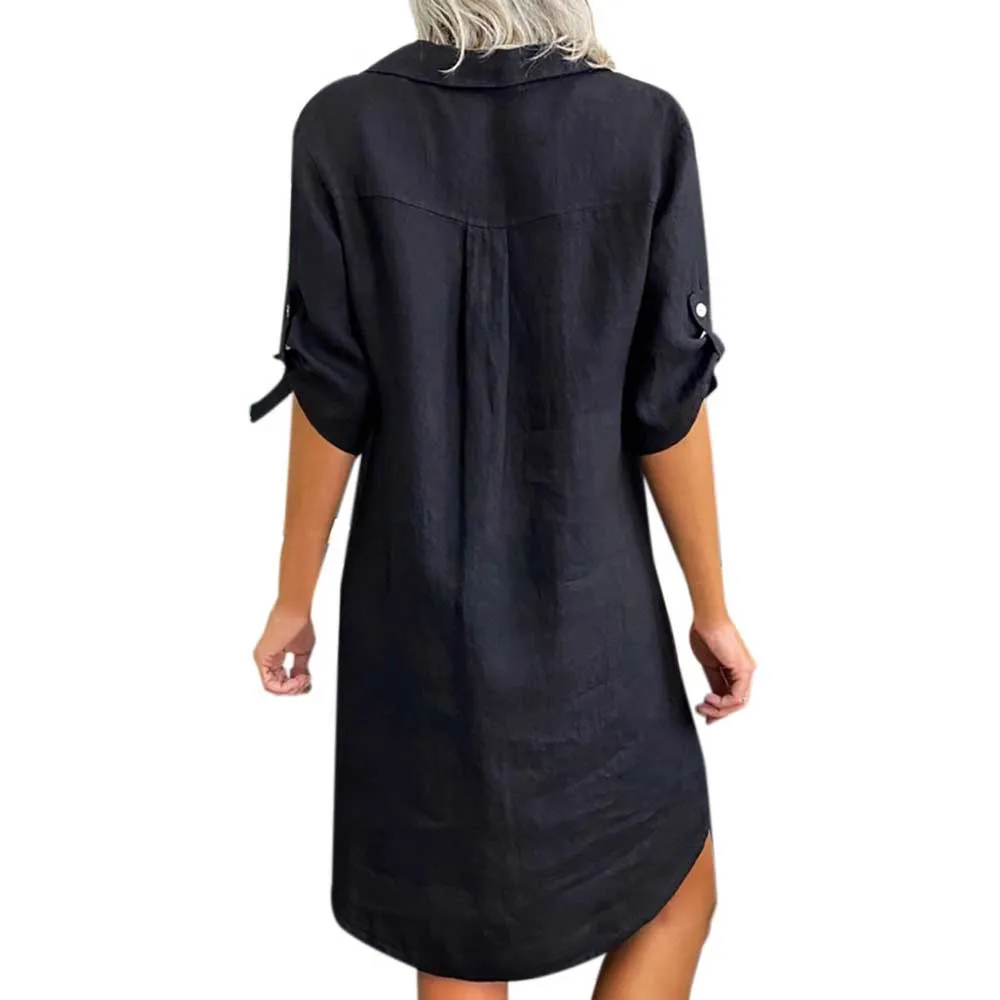 Платье-Блузка Женское из хлопка и льна с отложным воротником коротким рукавом |