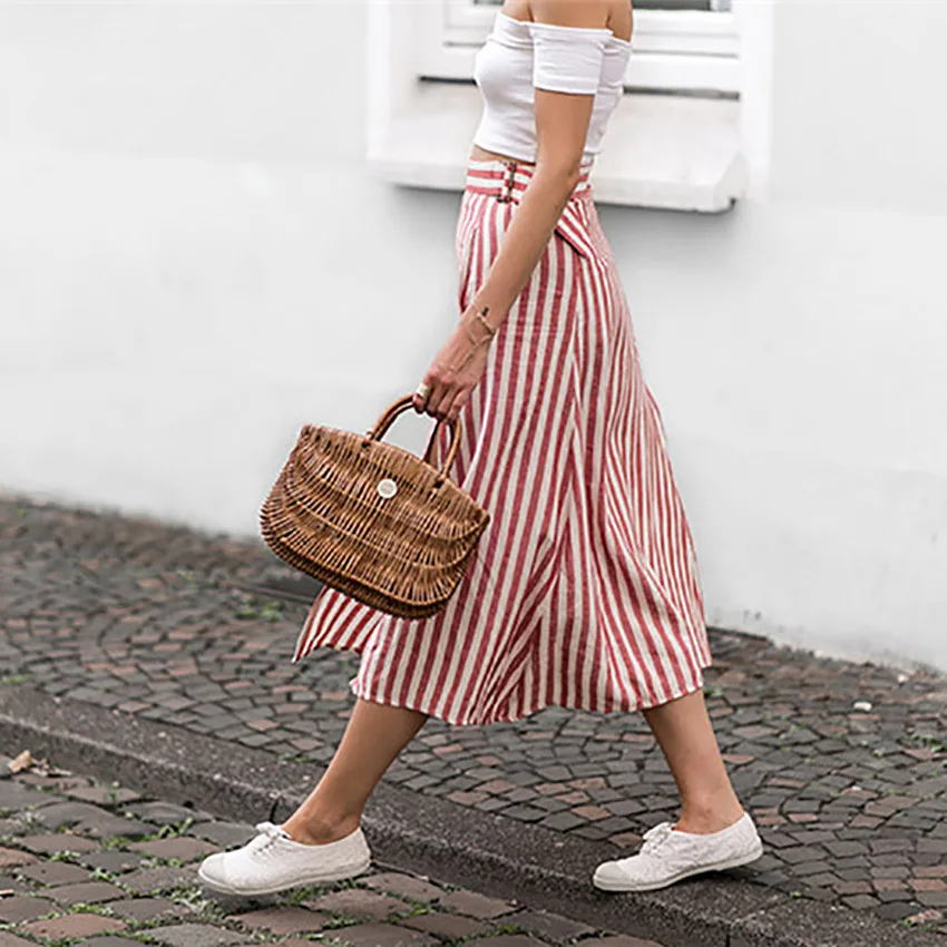 

LEXIE ZHANG Spring summer 2020 New Fashion Elegant Skirt Women's Long Women's Striped Belt Split Pocket Chiffon A-line Skirt