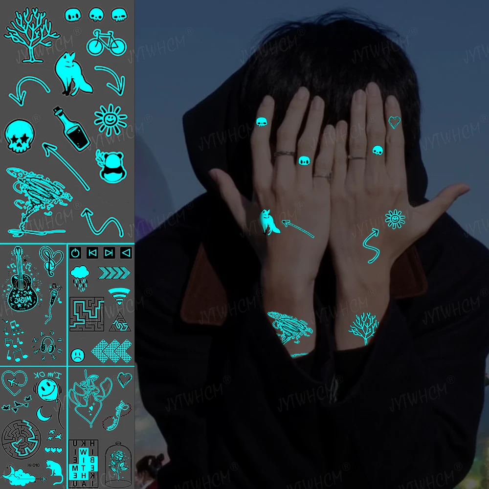 

Синие Светящиеся Татуировки-наклейки со стрелками, светящиеся Временные татуировки, солнце, дерево, животные, водонепроницаемые татуировки, боди-арт, искусство для мужчин, женщин, мужчин