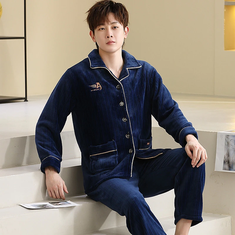 QUHENG Pajamas for Man Set Flannel 2022 Winter Plus Size Pijamas Pocket Buttons 2 Pieces Home Clothes Suits Pyjama Sleepwear