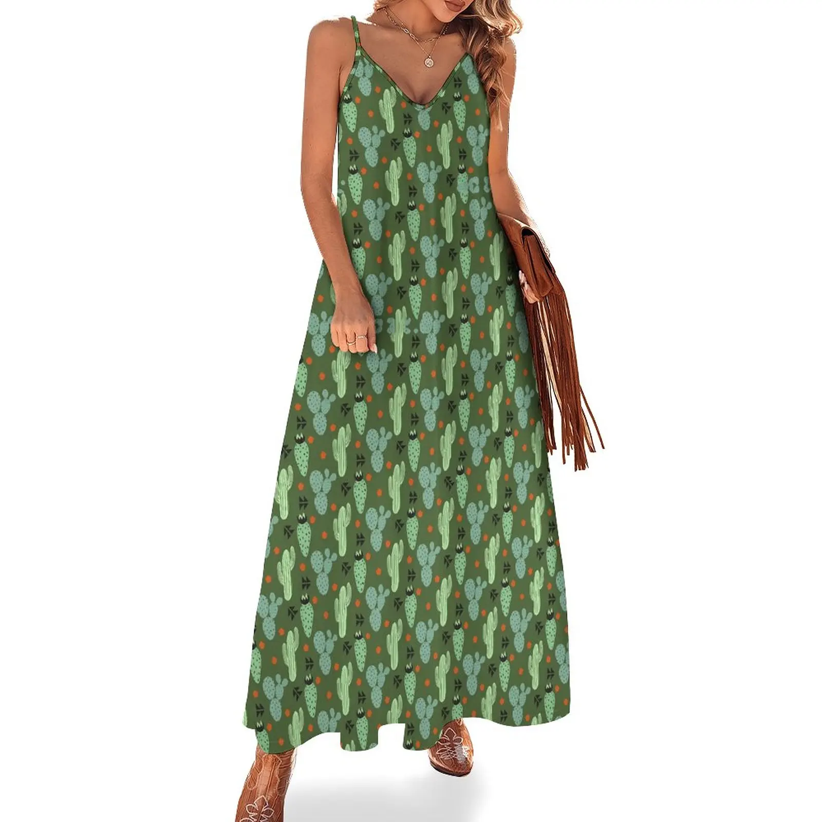 

Cactus Abstract Dress Hipster Desert Club Maxi Dress Strap Street Fashion Boho Beach Long Dresses Spring V Neck Oversize Vestido