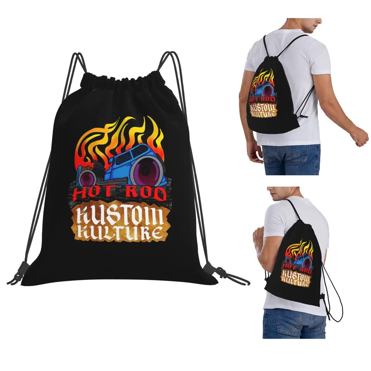 Фото Рюкзаки Hot Rod Kustom Kulture, модные сумки на шнурке, сумки для хранения, сумки для книг для мужчин, женщин, студентов №1