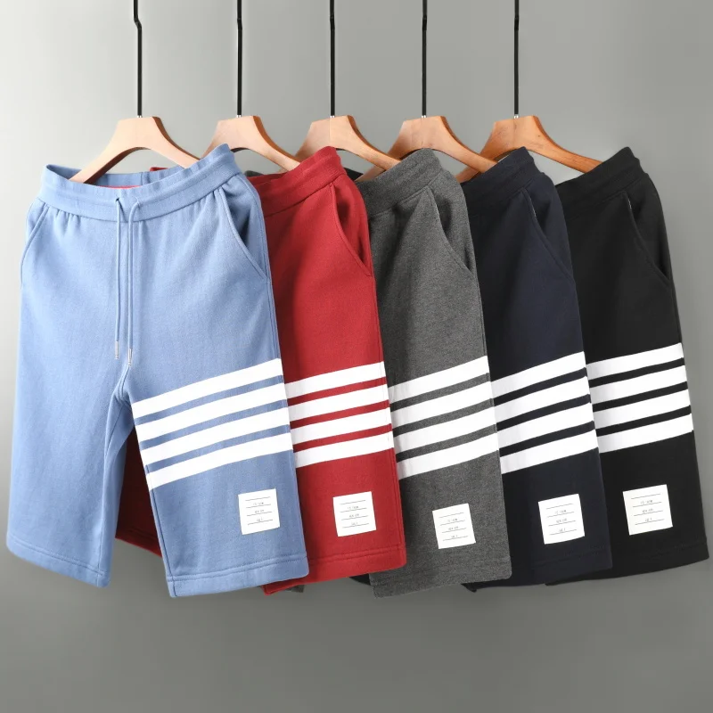 Brand TB THOM 2023 Fashion Men Summer Cotton Loose Casual Sports Trousers Striped Knee Length Jogger Track Shorts