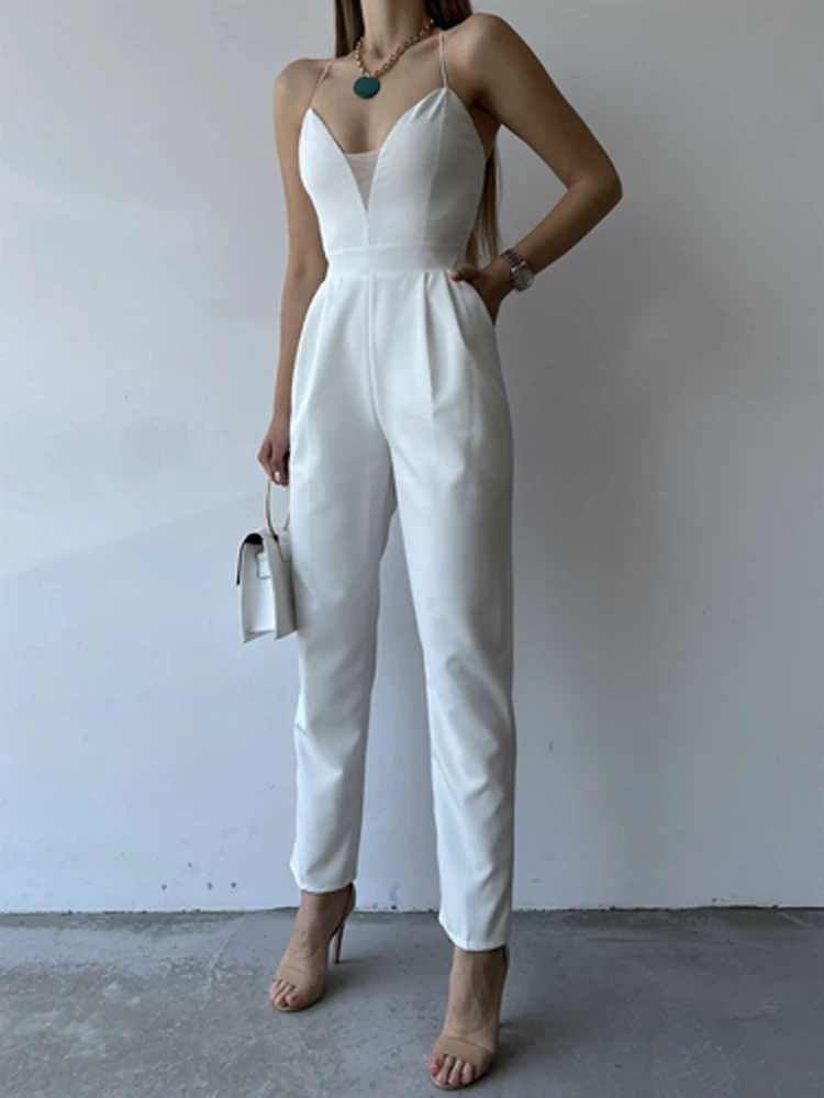 

Women Sexy Mesh V Neck Sling Jumpsuit Office Elegant Sleeveless Backless Pencil Pants Romper Summer Casual Pocket Solid Playsuit