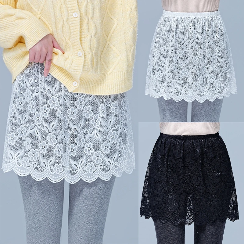 

Women Plum Blossom Floral Lace Layering Scalloped Hemline Shirt Extender Adjustable Top Lower Sweep Half Slip Underskirt