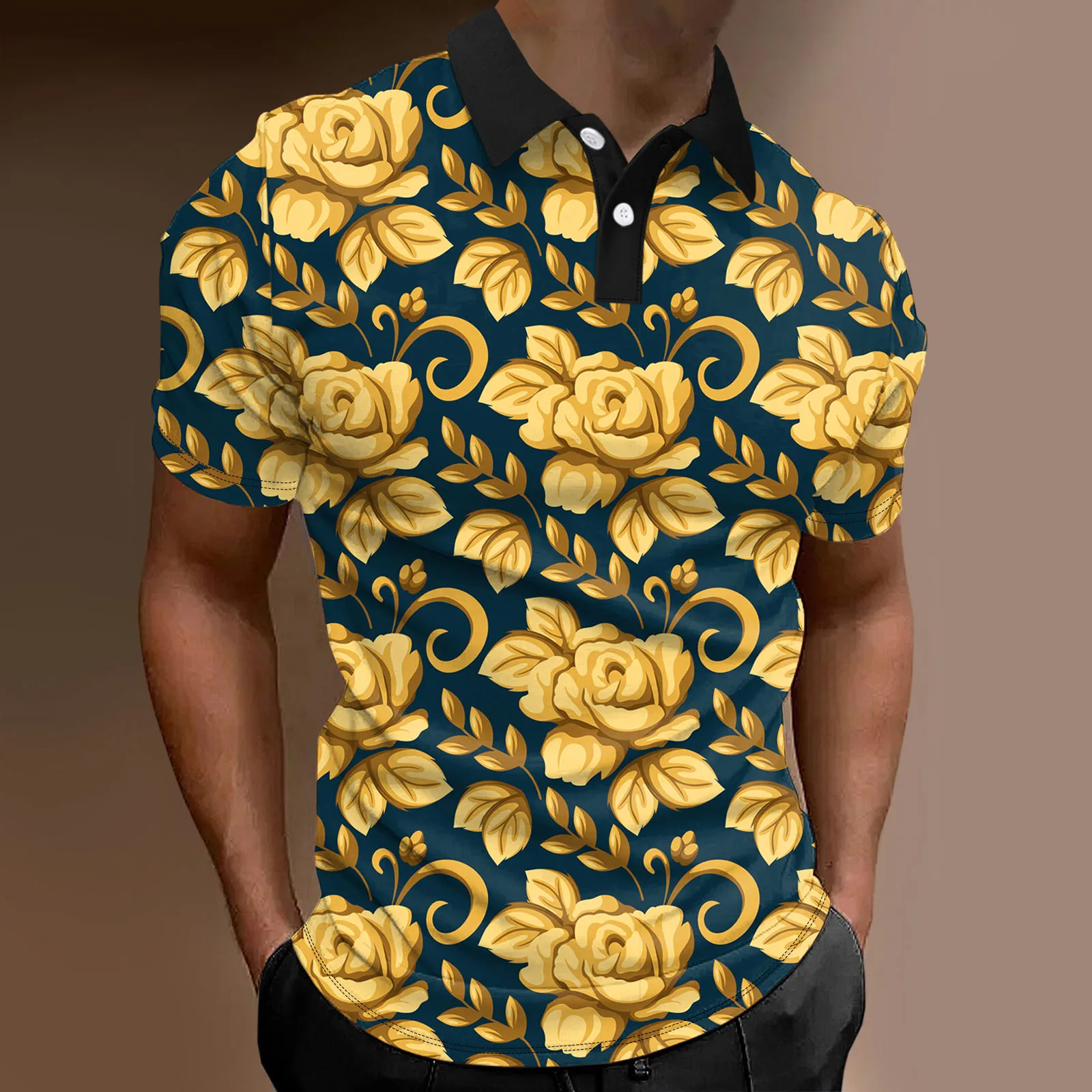 Shirts Turndown Golden Flower Print Tees Streetwear Short Sleeve Button-down Male Clothing Casual Blouse Top