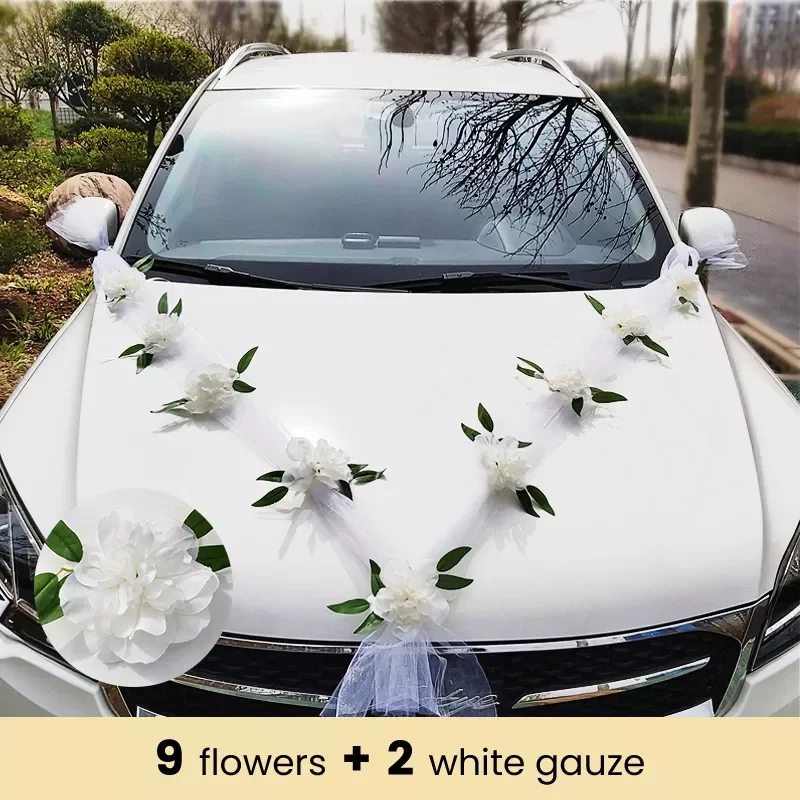 

DIY Artificial Flower White Wedding Car Bridal Car Decoration Door Handle Ribbons Silk Corner Flower Galand With Tulle Gifts Set