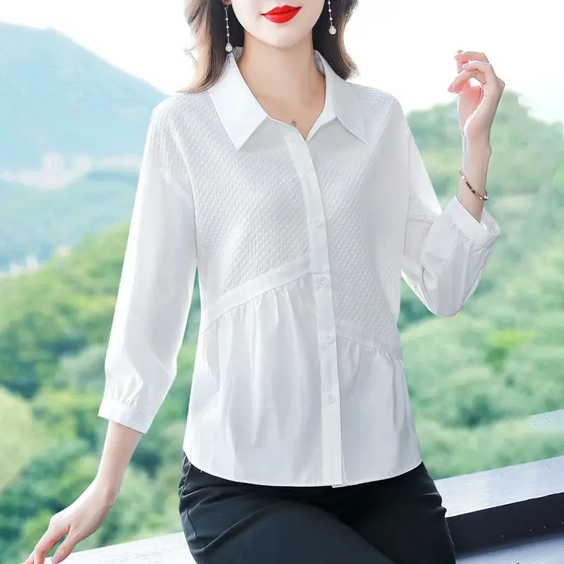 Three Quarter Sleeve Solid Turn-down Collar Simplicity Button Loose Blouses Office Lady Women's Clothing Elegant Fashion Casual