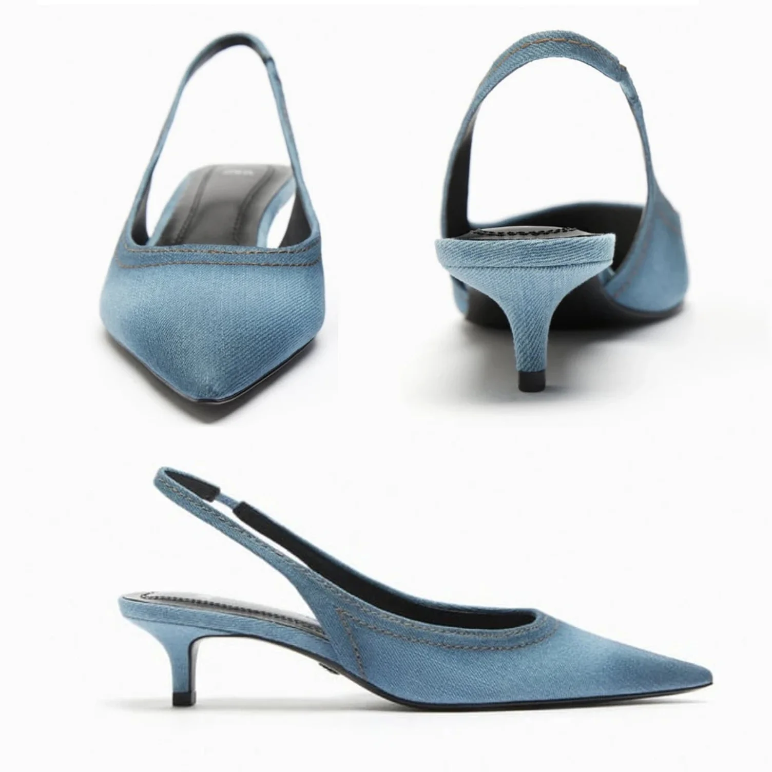 2023 Summer New Blue Denim Fabric High Heels Female Cat with Pointed Mule Shoes Shallow Mouth Single Shoes Package Head Sandals