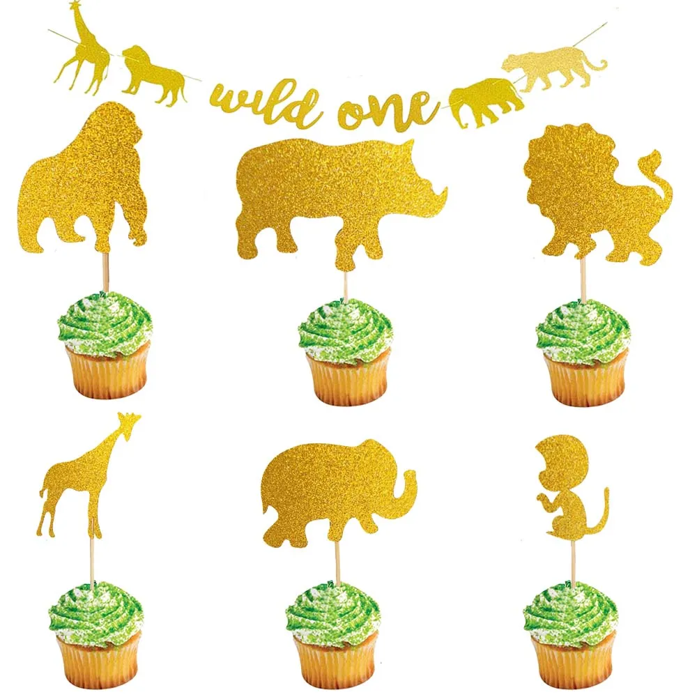 

Gold Glitter Jungle Animal Cupcake Toppers Picks Cake Decoration Jungle Safari Animals Party Baby Showers Birthday Party Supplie