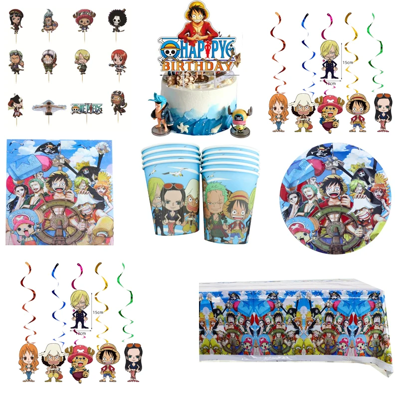

98Pcs/lot Happy Birthday Party One Piece Theme Plates Boys Favors Cups Napkins Tablecloth Decorate Cake Toppers Swirls Cake Flag