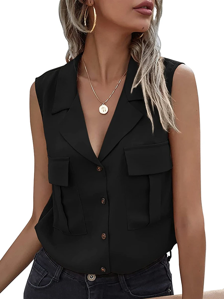 

Women s Buttoned Lapel Vest With Pocket Sleeveless Summer Chiffon Light Flowing Shirts