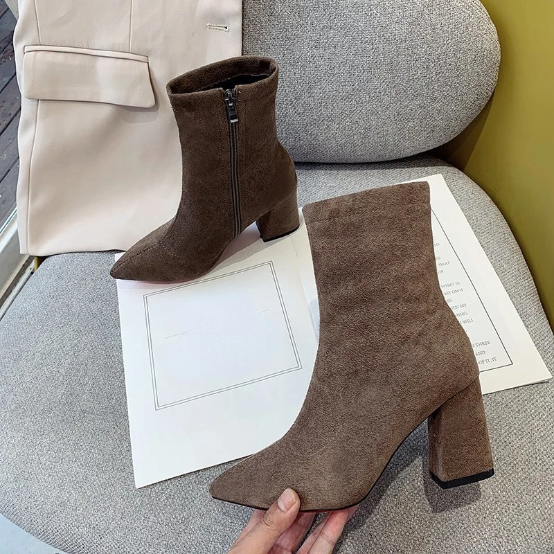 

Flock Stretch Sock Boots Women Chunky High Heels Zipper Botas Chic Pointed Toe Stiletto High Heels Chelsea Boots Women Shoes