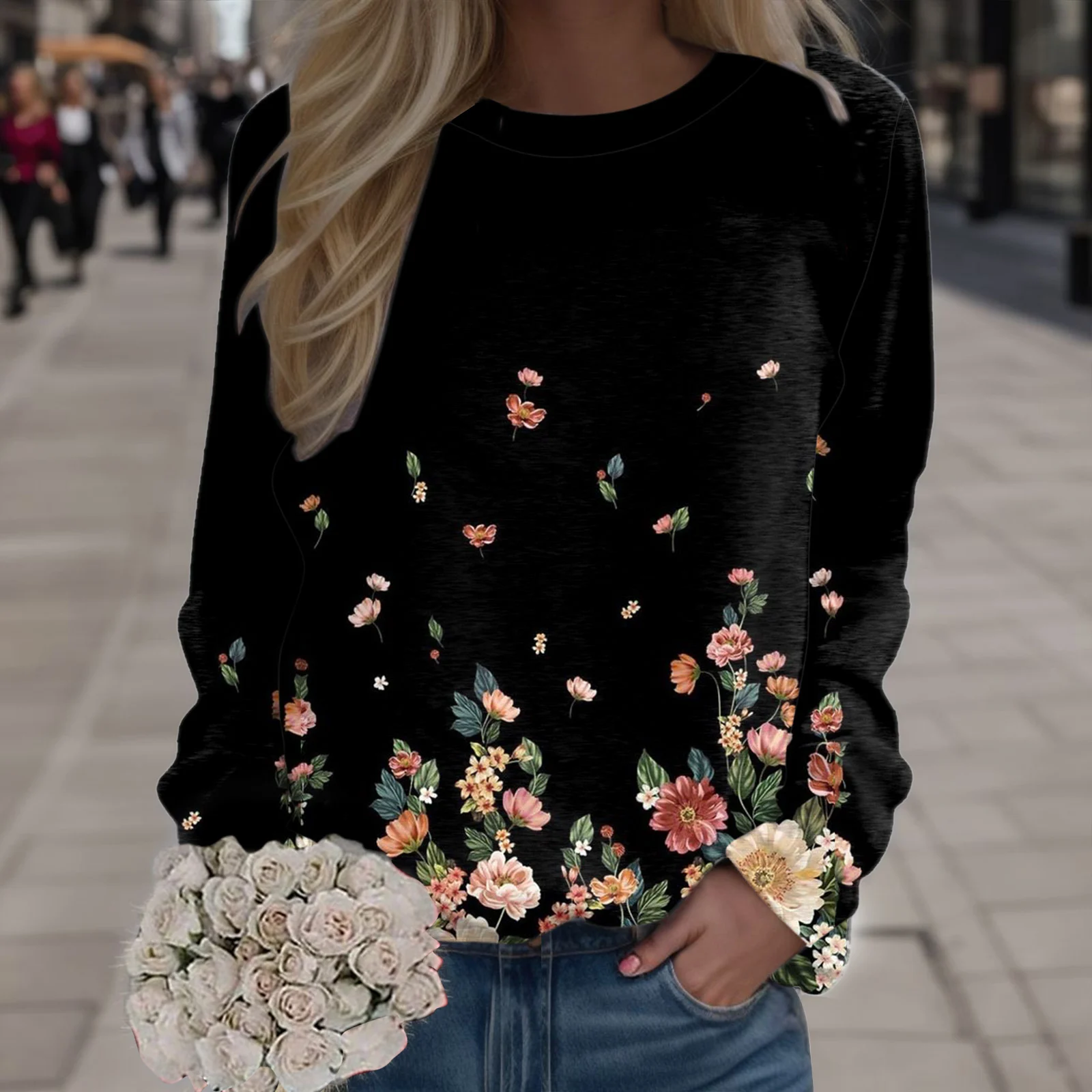 

Женский Свитшот оверсайз с цветочным принтом, элегантный стильный пуловер, топы с круглым вырезом и длинным рукавом, свободная туника, женская одежда на осень и весну