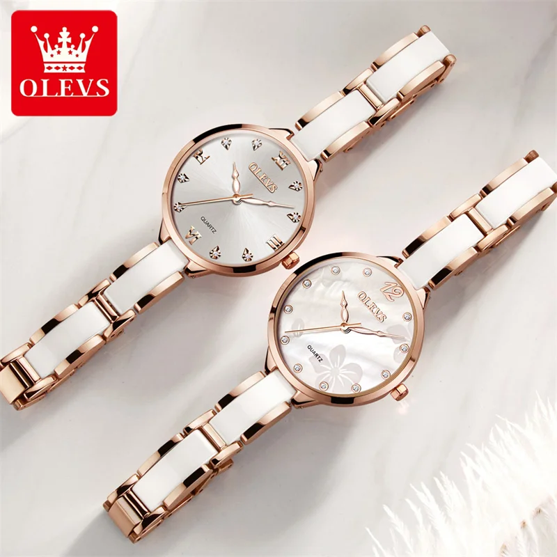Reloj Mujer OLEVS Ladies Wrist Watches Crystal Watches Women White Ceramics Rose Gold Watch Dress Montre Femme New