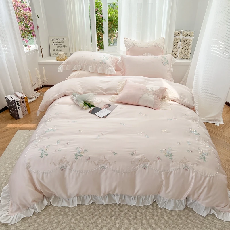 

Роскошное кружевное постельное белье с цветочной вышивкой и оборками, Комплект постельного белья принцессы 800TC из лиоцеллового волокна, мягкий шелковистый пододеяльник, простыня, наволочки