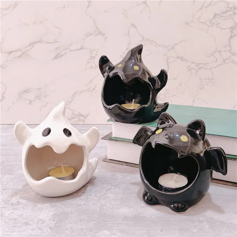 

Cute Ghost Candlestick Decorative Ornament Funny Halloween Decorations Cartoon Bat Ghost Aromatherapy Candle Ceramic Living Room
