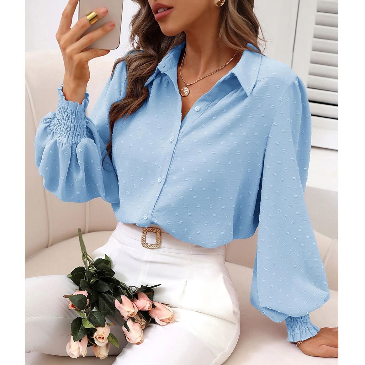 

Women Chiffon Button Down Shirt Lantern Long Sleeve Office Blouses V Neck Casual Elegant Business Tops Slim Fit Shirts AM5017