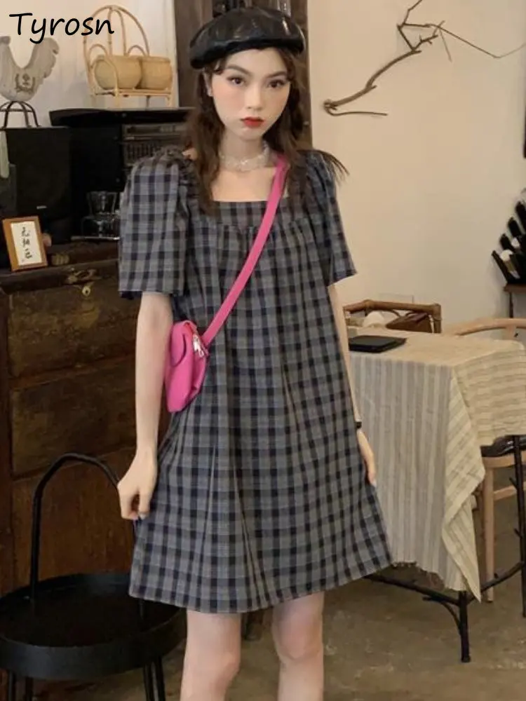 

Dresses Women Plaid Summer Retro Loose Fashion Students All-match Sweet Leisure Design Daily Square Collar French Style Elegant