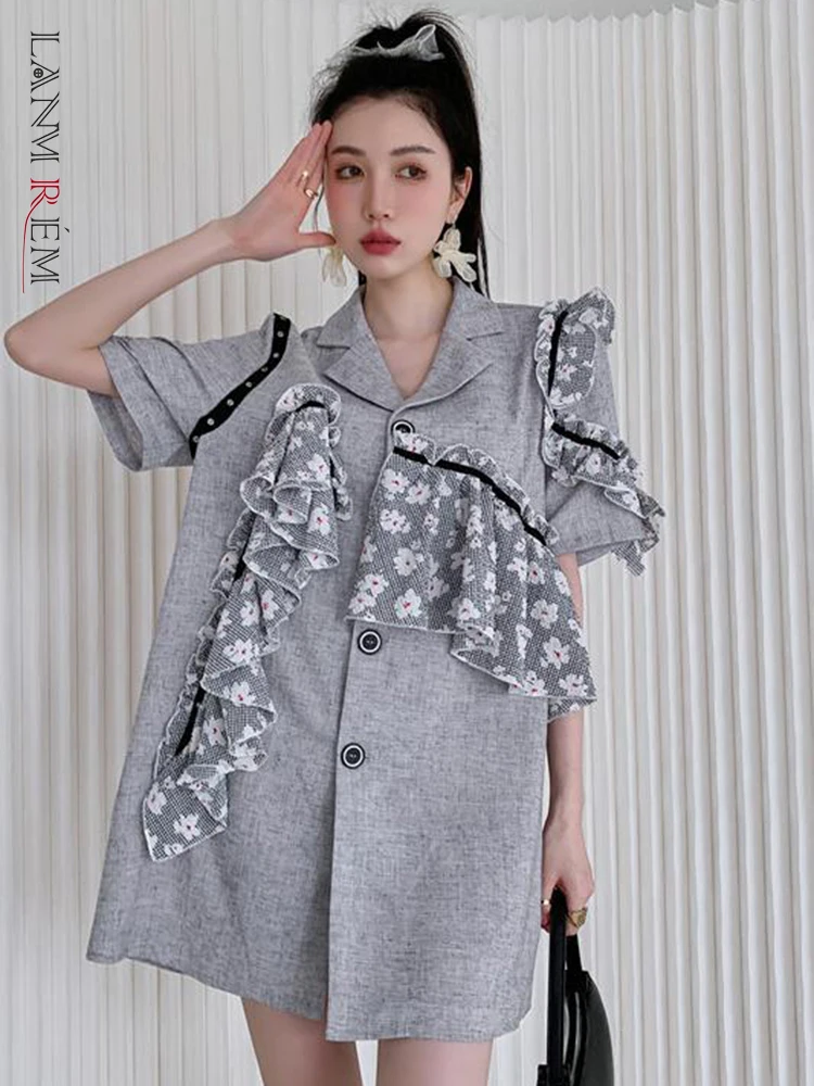 

LANMREM Gray Stitching Floral Long Casual Blazer For Women Notched Single Breasted Short Sleeves Coats 2022 Summer 2R1971