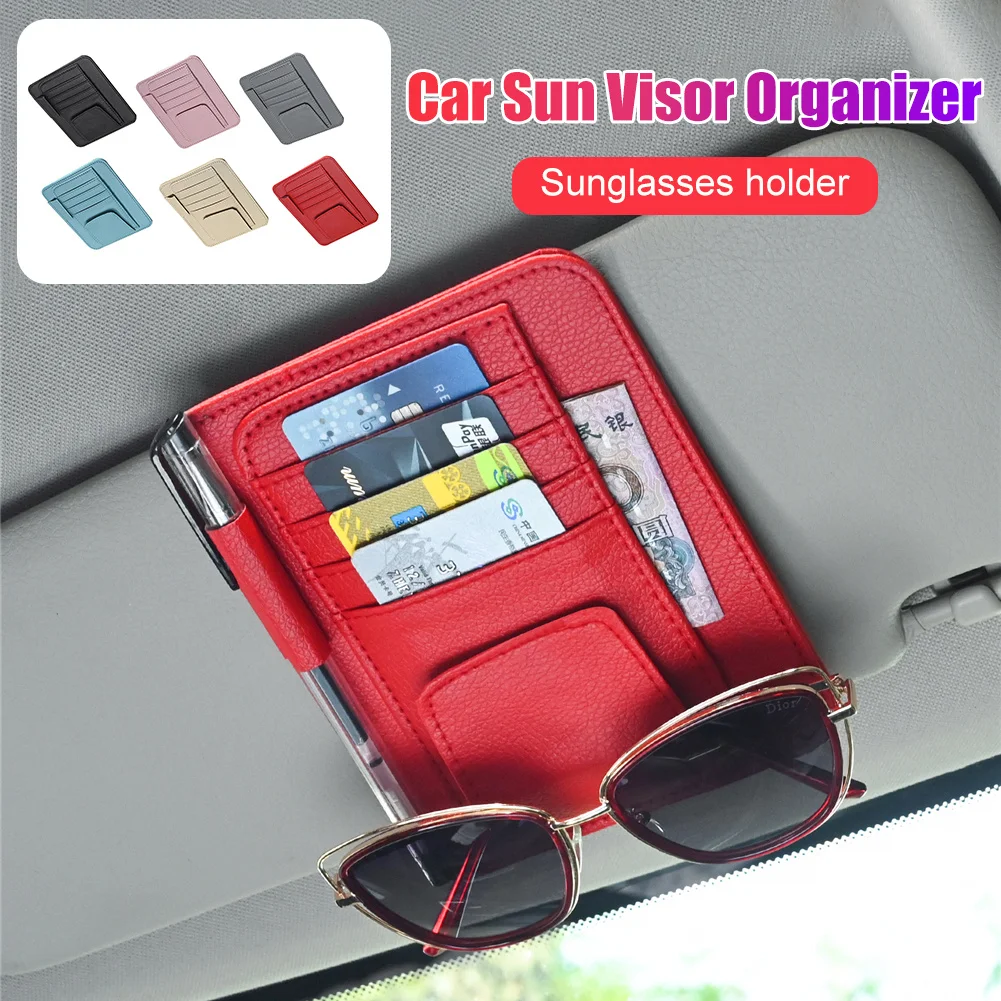 

Car Sun Visor Organizer Leather Sunglasses Holder Multi-functional Card Holder Storage Pocket Car Glasses Clip Auto Accessories