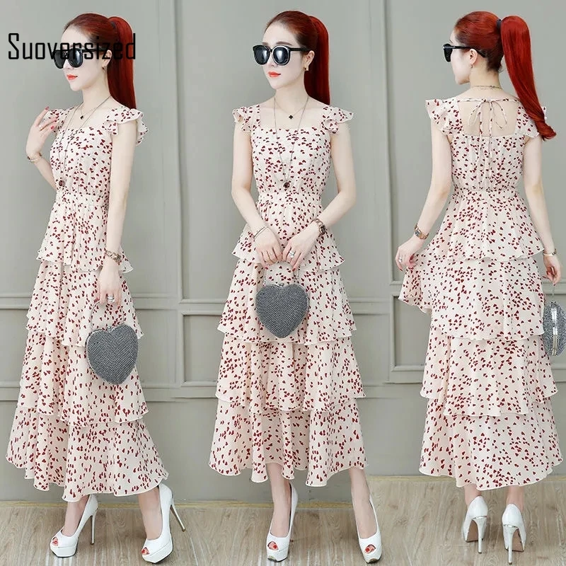 

Korean Women Black Dot Square Collar Sleeveness Drawstring Hollw Out Pleated Dress Summer Design Elegant Bohemian Midi Dresses